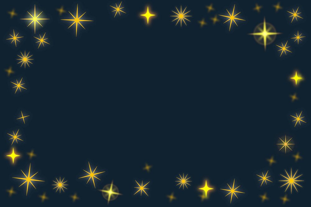 Gold stars frame, black background, cute festive design borders vector