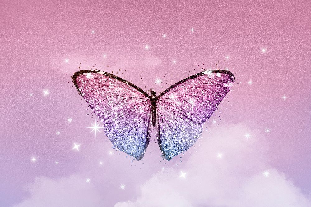 Sparkling stars background, butterfly in pink sparkling sky design