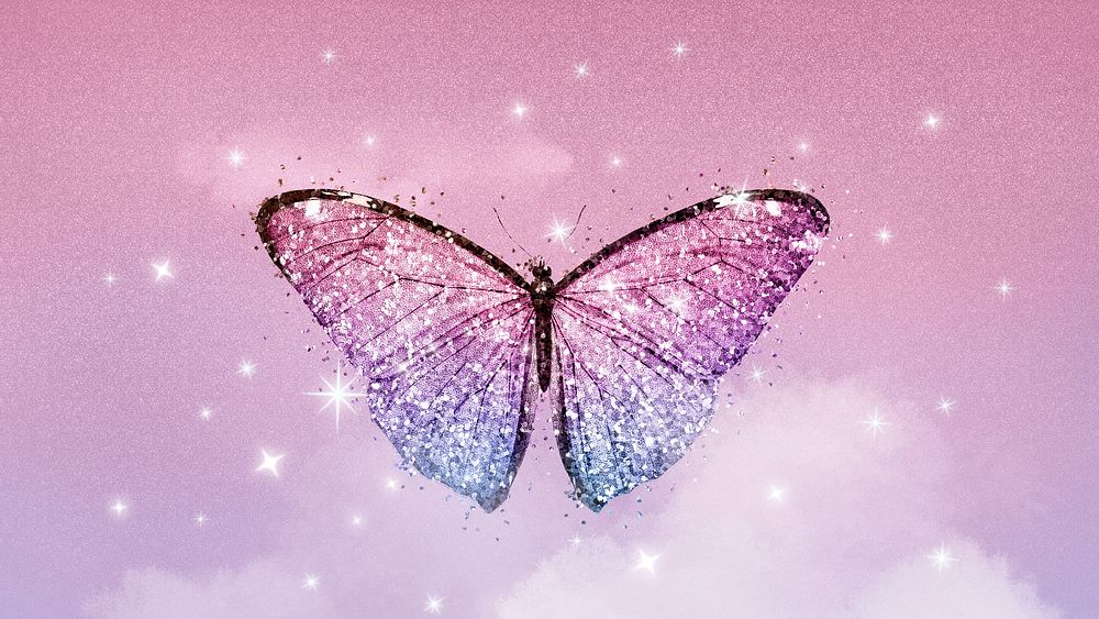 Pink butterfly computer wallpaper, aesthetic sparkling sky background