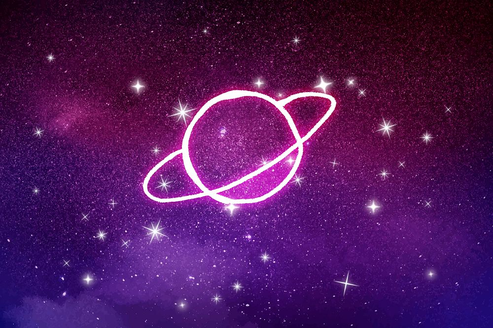 Aesthetic galaxy background, saturn & sparkling stars in dark purple vector