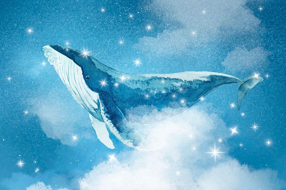 Whale fantasy art background, beautiful glittering stars design vector