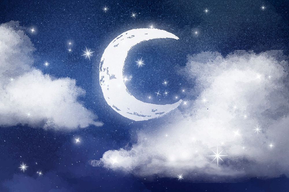Night sky background, aesthetic dark design with moon & sparkling stars vector