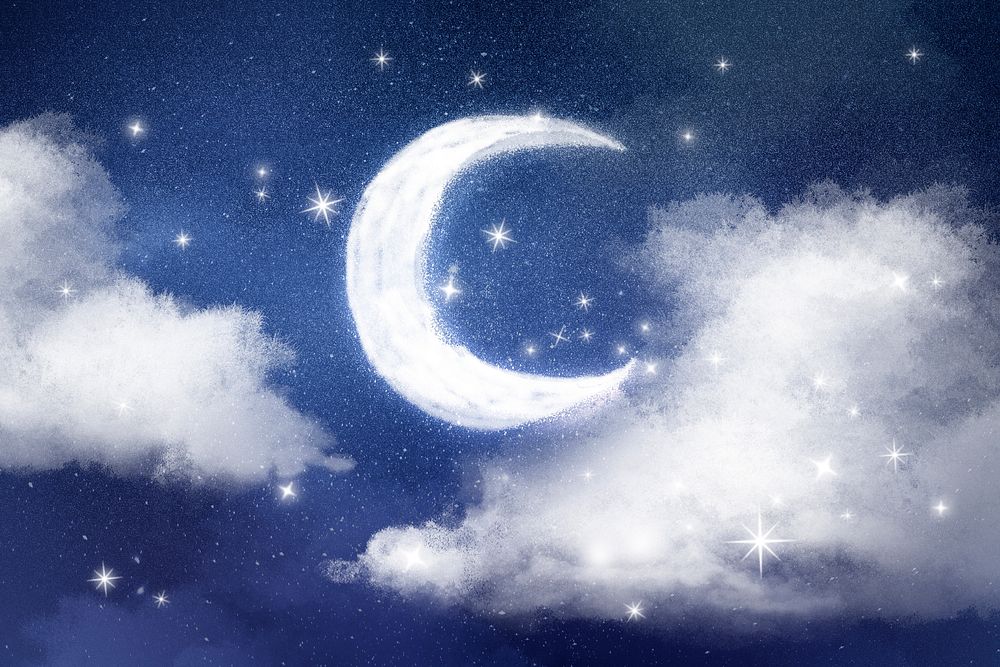 Night sky background, aesthetic dark design with moon & sparkling stars