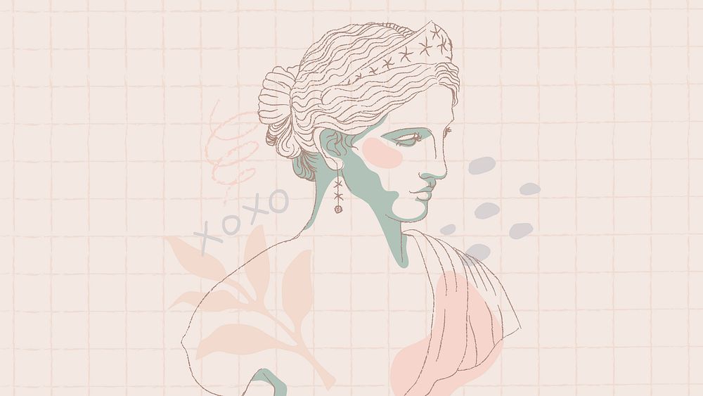 Aesthetic desktop wallpaper, crumpled paper background, feminine Greek statue drawing
