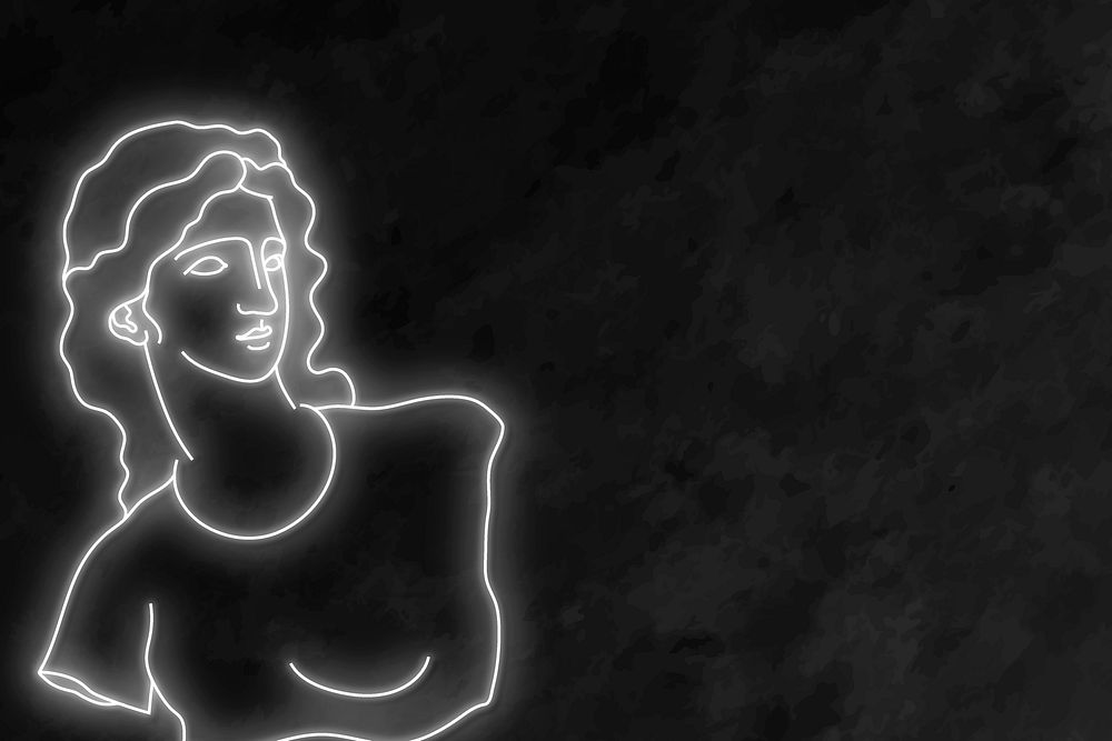 Aesthetic neon background, black background, Greek statue drawing