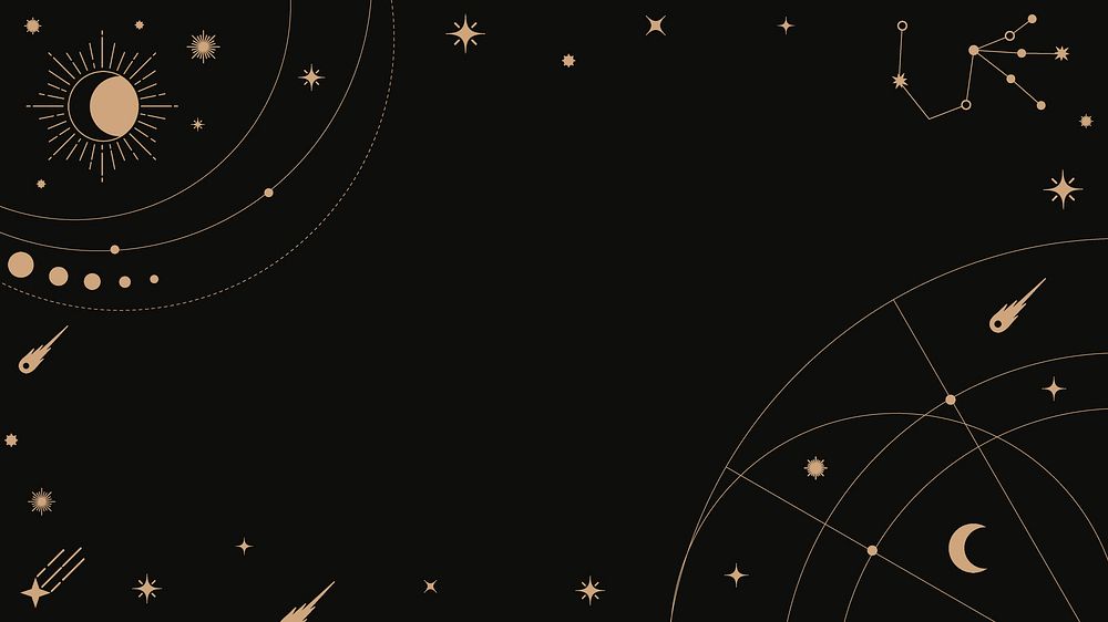 Astrology frame desktop wallpaper, gold black celestial line art style psd