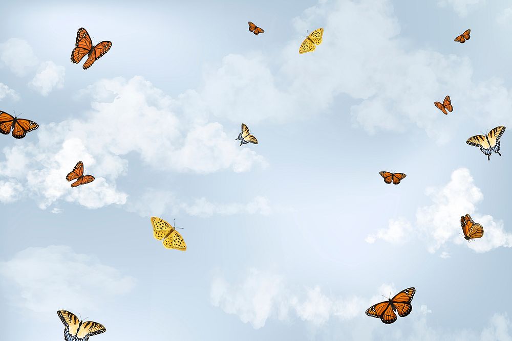 Blue sky butterfly background, watercolor illustration 