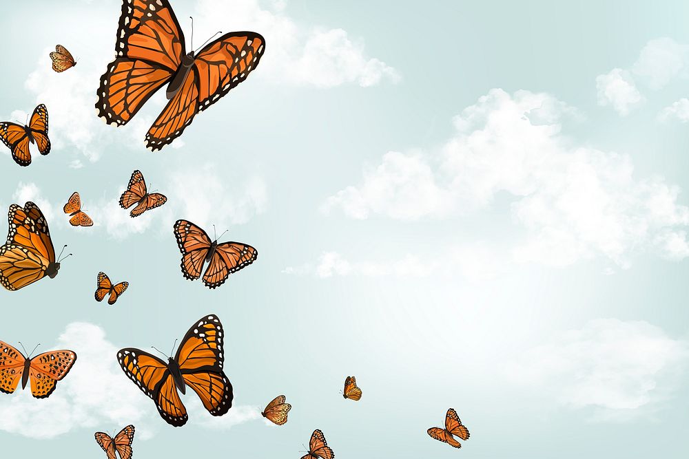 Blue sky background, aesthetic butterfly illustrations vector