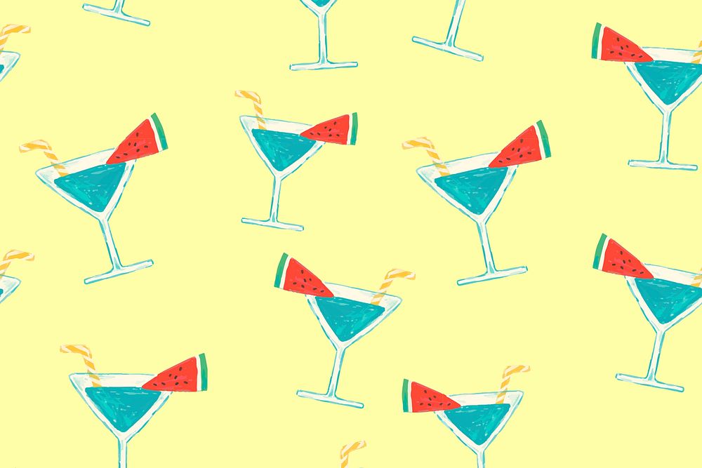 Summer mocktail seamless pattern, yellow background in vector