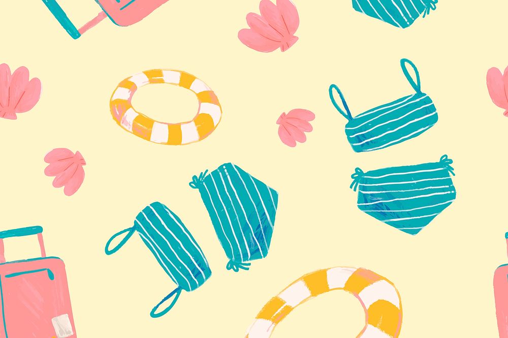 Summer vacation doodle seamless pattern, yellow background in vector