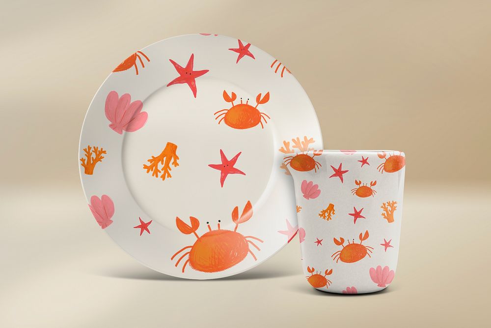 Mug and plate with tropical summer pattern 