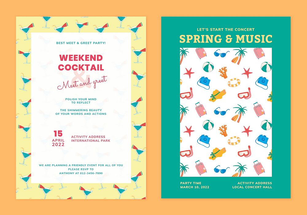 Spring break sale posters set, summer and mocktail pattern design vector