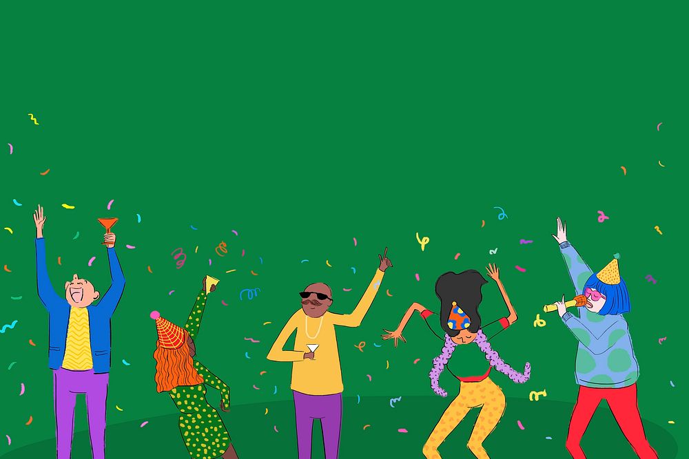 Cute party border green background, dancing cartoons drawing illustration