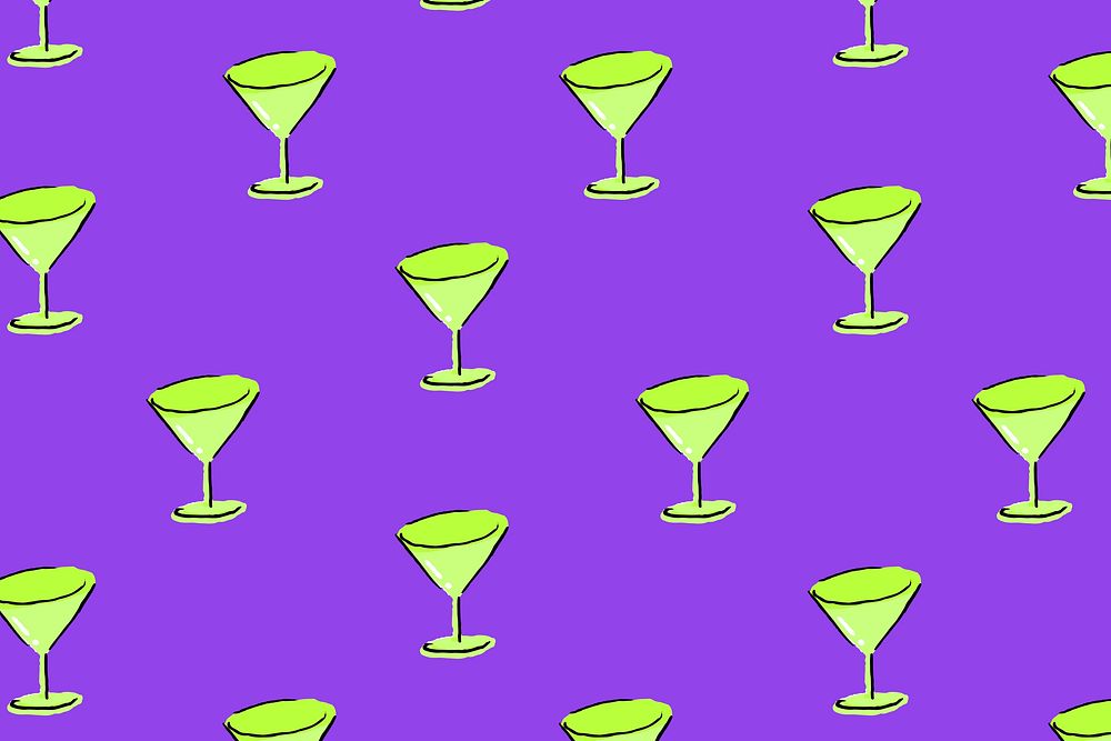 Martini glass pattern purple background, drawing illustration, seamless design vector