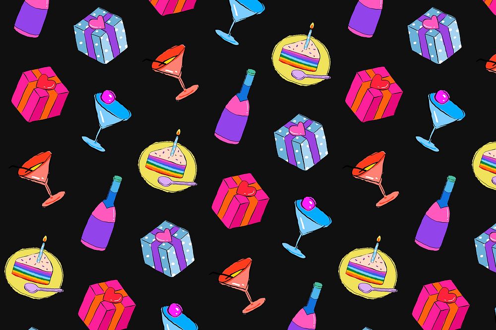 Colorful birthday pattern black background, drawing illustration, seamless design vector