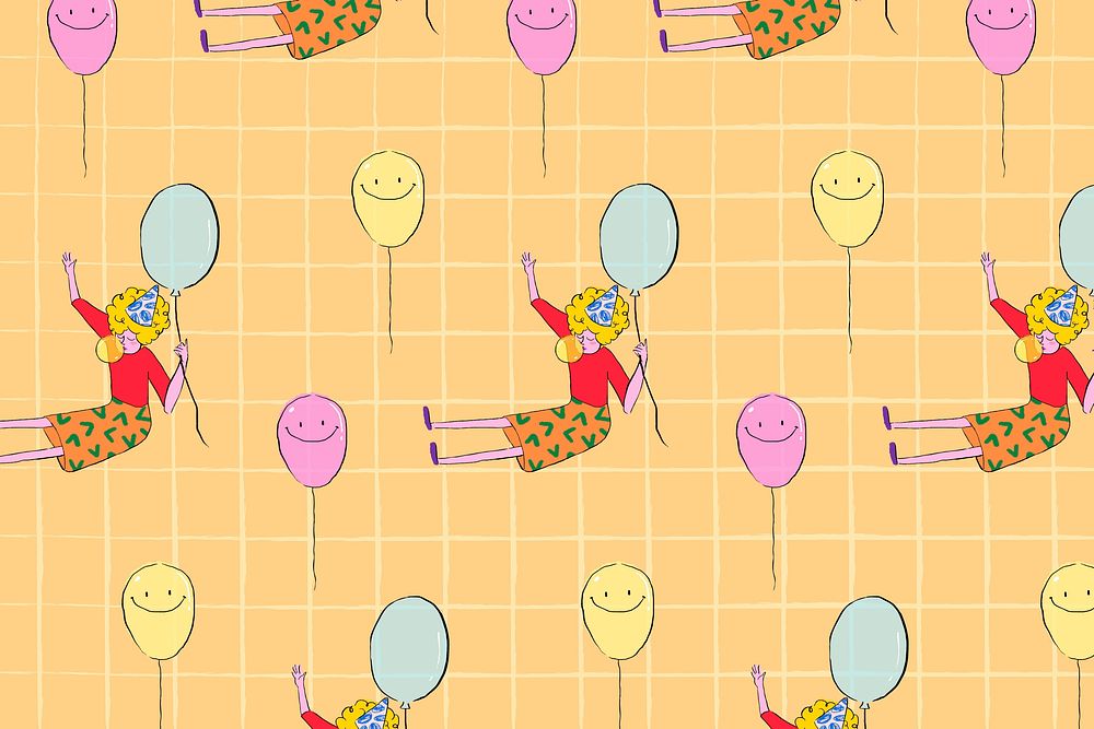 Girl holding balloon pattern background, drawing illustration, orange seamless design vector