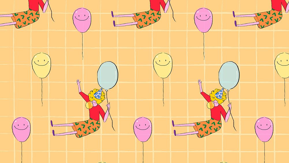 Orange desktop wallpaper background, girl holding balloon pattern illustration