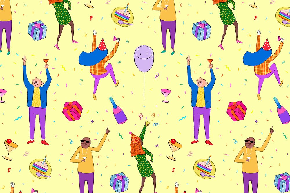 Partying cartoons pattern background, drawing illustration, seamless design vector
