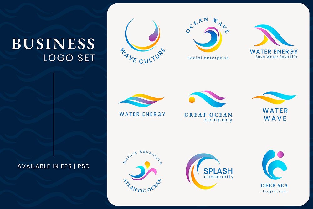 Wave business logo template, environment industry, professional gradient modern design vector set