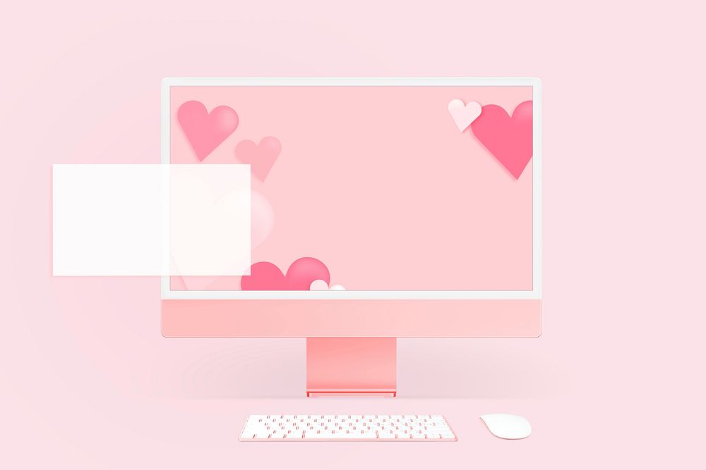Online dating, pink hearts on computer screen