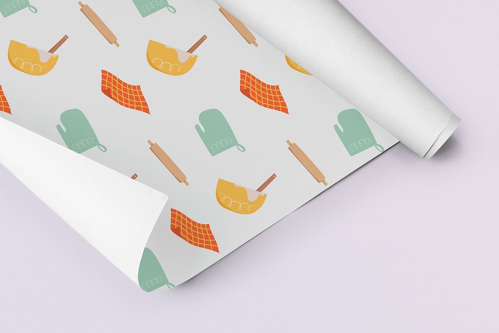 Cute gift wrapping paper kitchen pattern on purple background