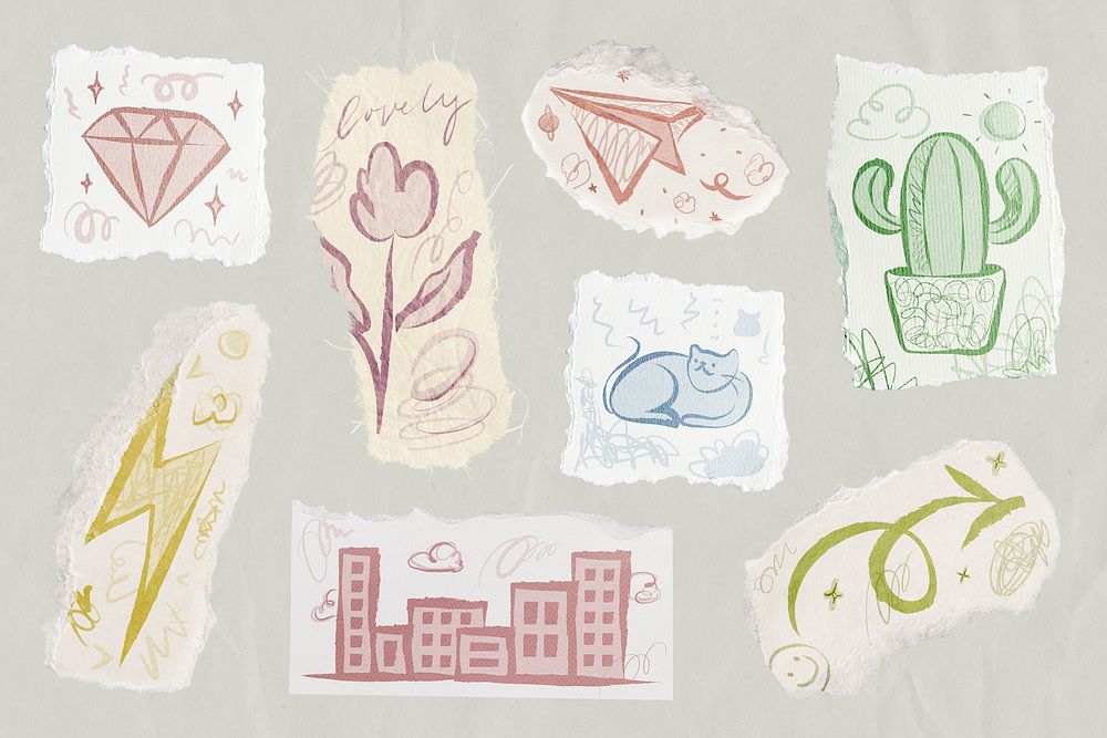 Aesthetic doodle sticker, ripped paper pastel set psd