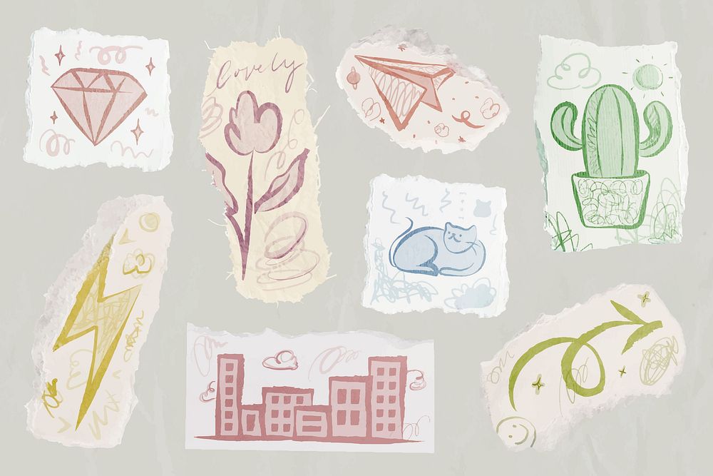 Aesthetic doodle sticker, ripped paper pastel set vector