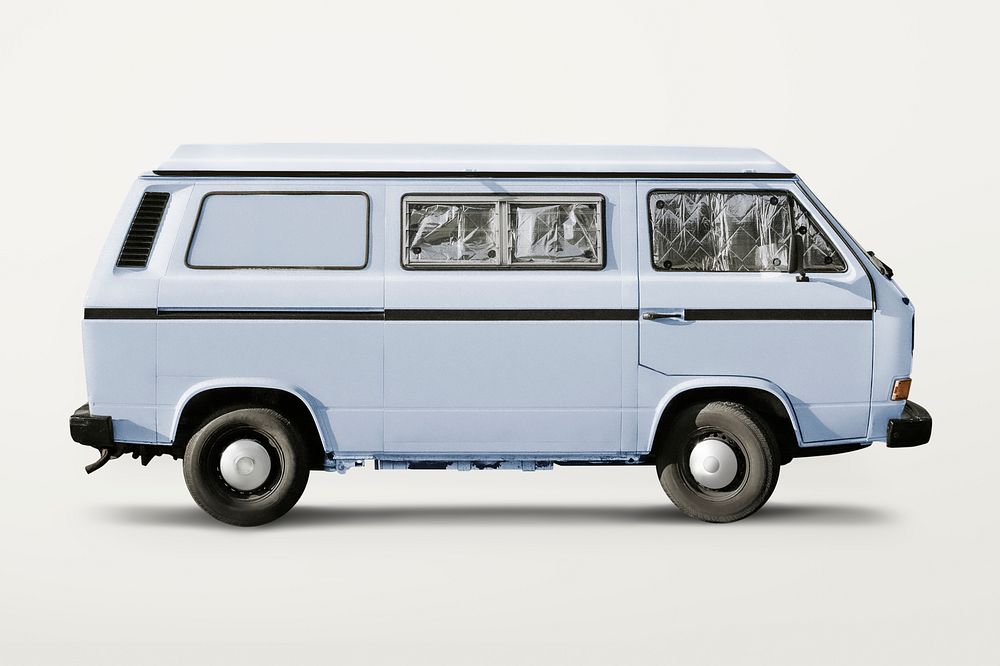 Pastel blue retro van, classic car for camping psd