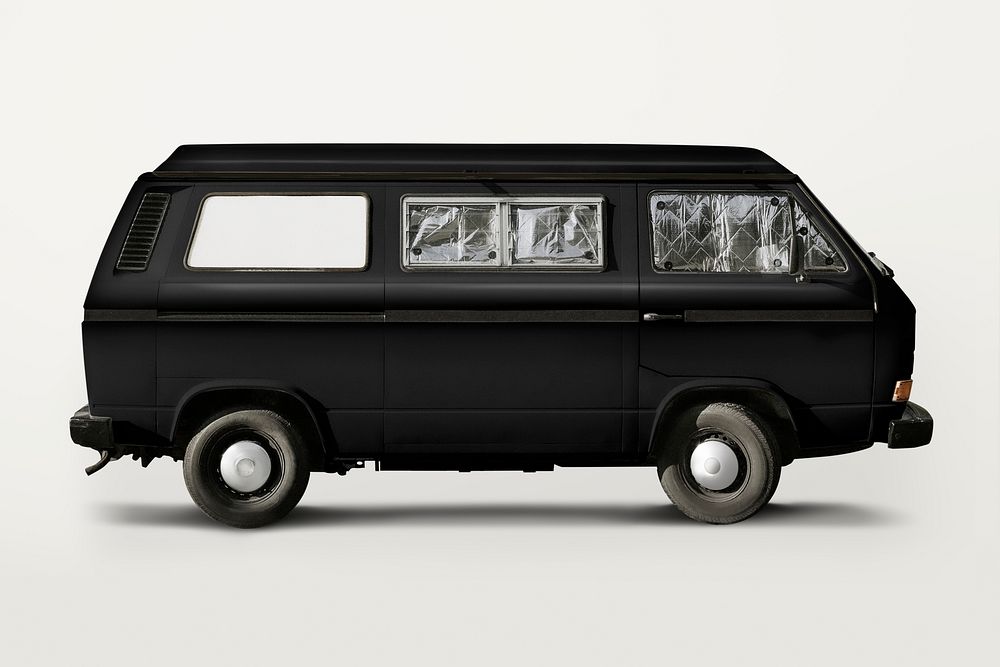 Black old van, classic car for camping psd