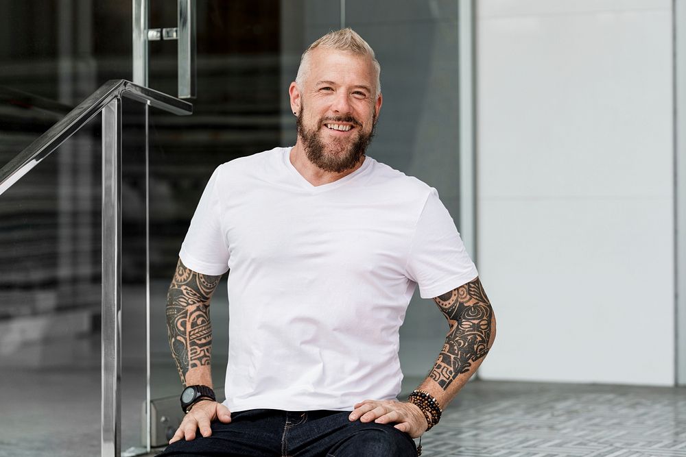 Bearded man in white tee, basic wear apparel fashion