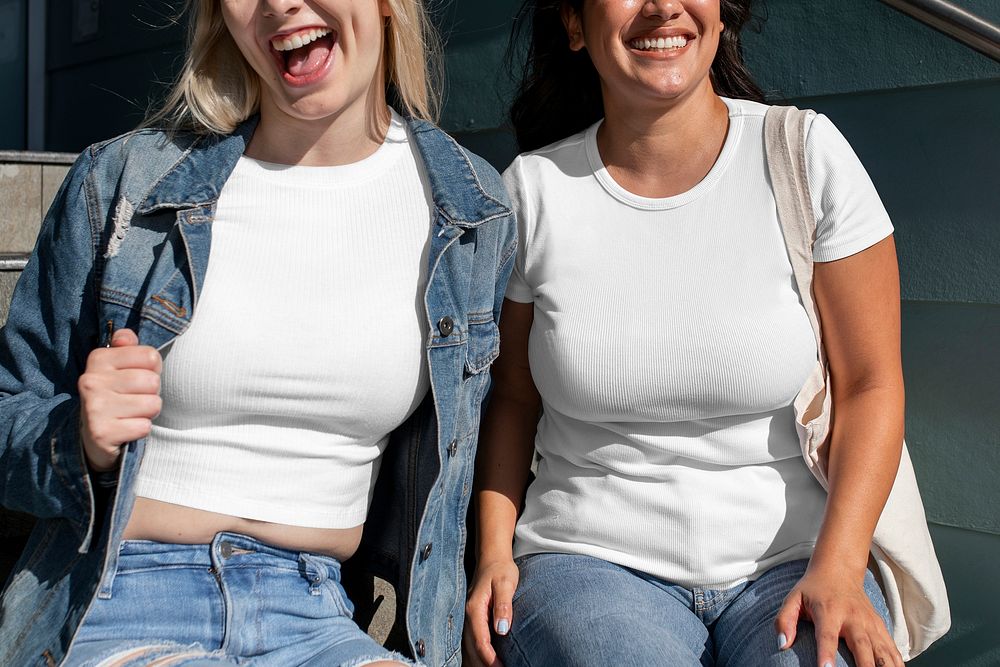 Happy friends plain white tee, women on college campus