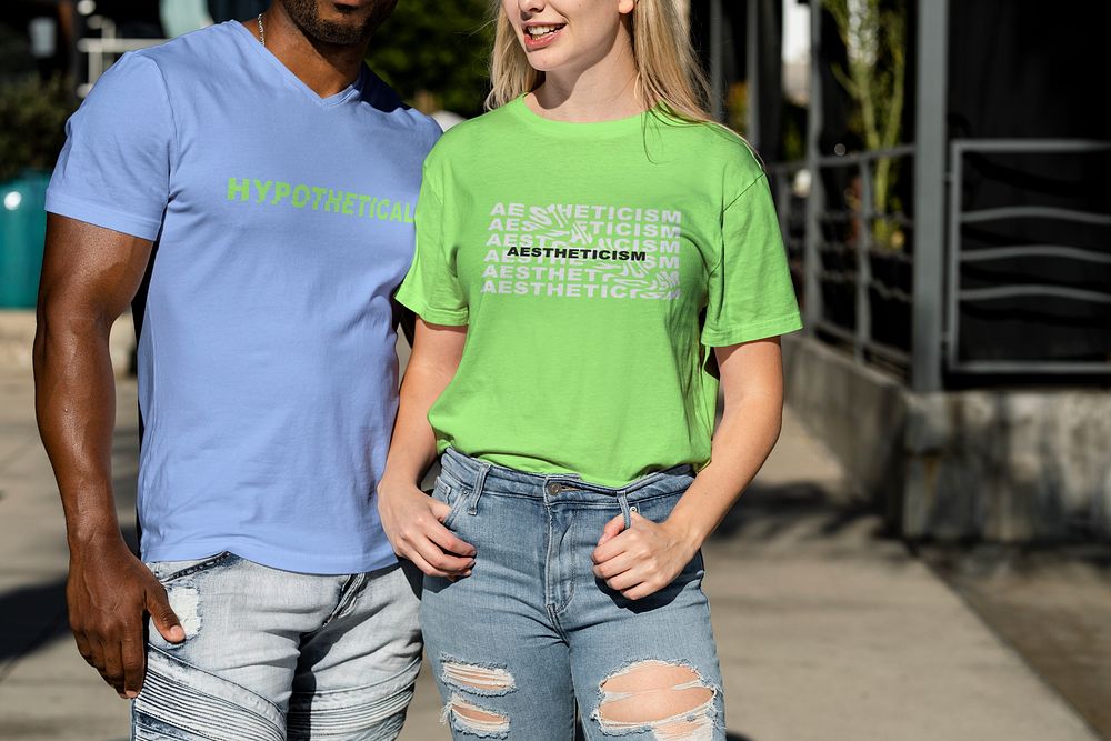 Happy couple enjoying a summer date, bright neon tee, hypothetical & aestheticism wording