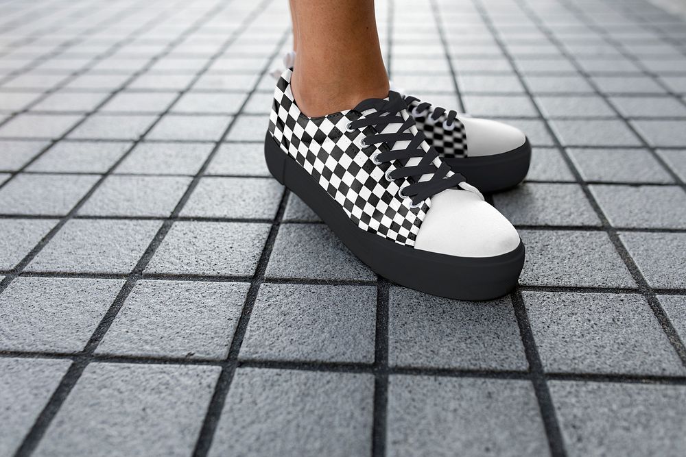 Checkered pattern sneaker, women's casual footwear on grey tiled floor