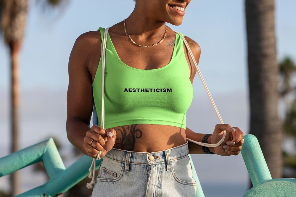 Tank top mockup, customizable casual top psd, African American woman at the beach