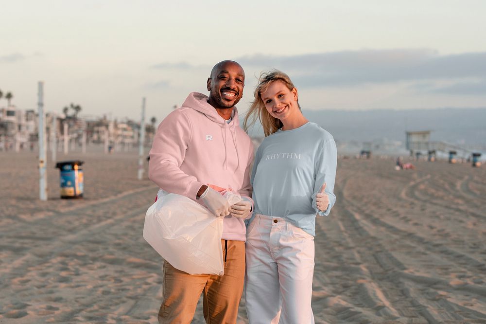 Beach trash pick up, environmental volunteering, save the earth and nature