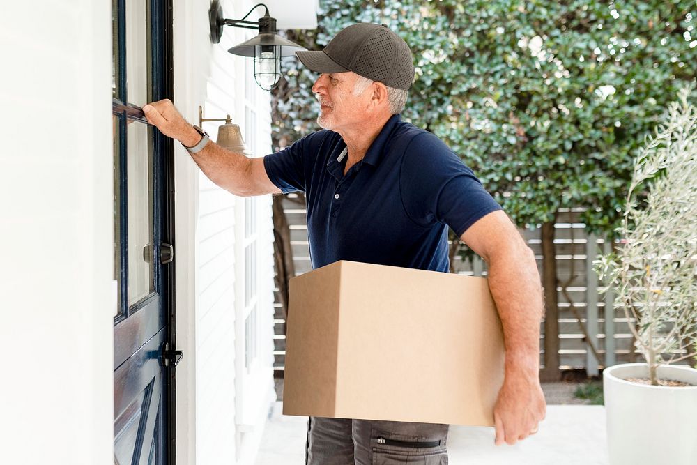 Delivery man knocking on door, holding parcel box with blank space