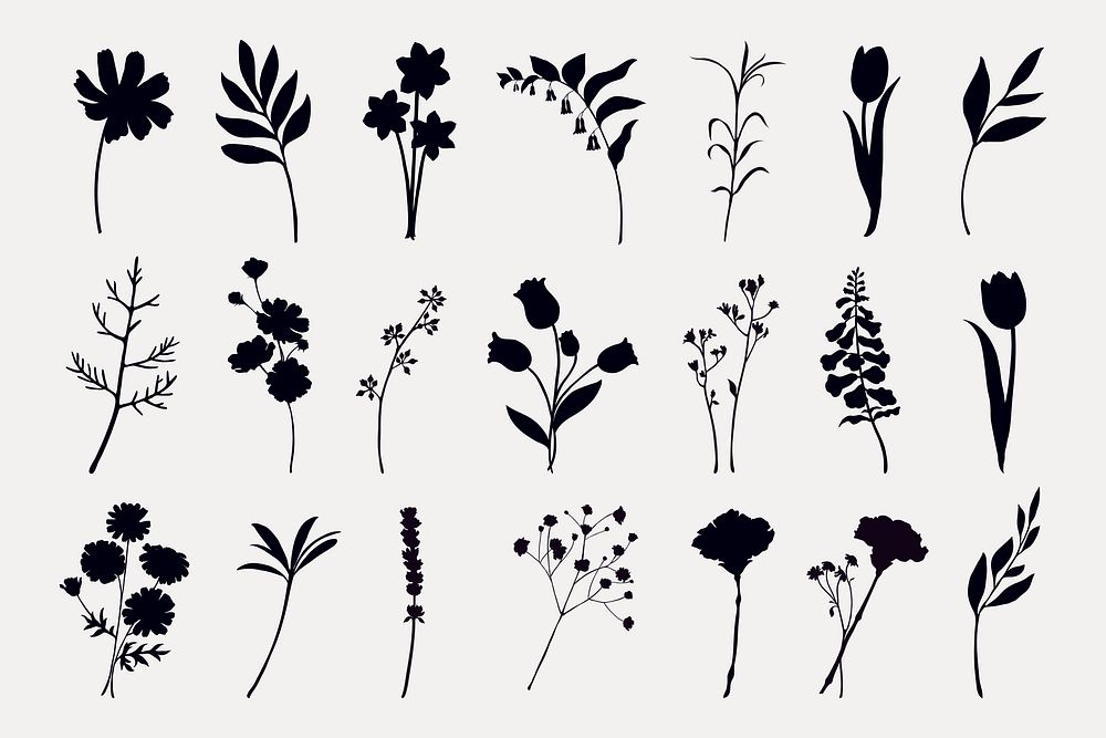 Flower silhouette, spring nature collage element vector set