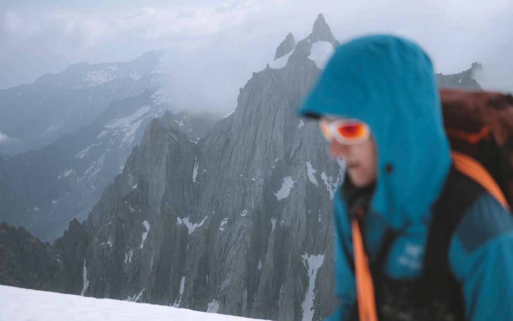 Backpacker hiking up Aiguille du Midi