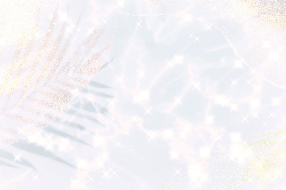 Sparkling white iridescent holographic background with glittery palm leaf