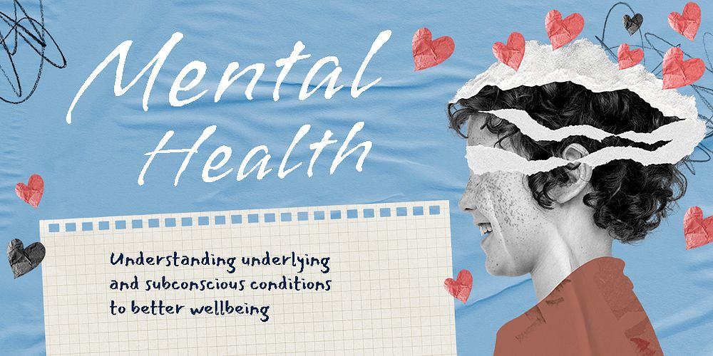 Mental health Twitter ad template, surreal paper collage psd