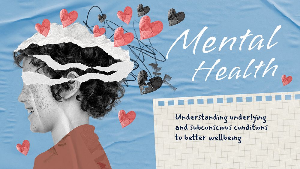 Mental health presentation template, surreal paper collage psd