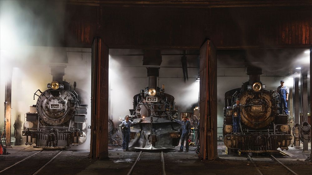 Steam locomotives in the roundhouse of the Durango & Silverton Narrow Gauge Scenic Railroad in Durango, Colorado. Original…