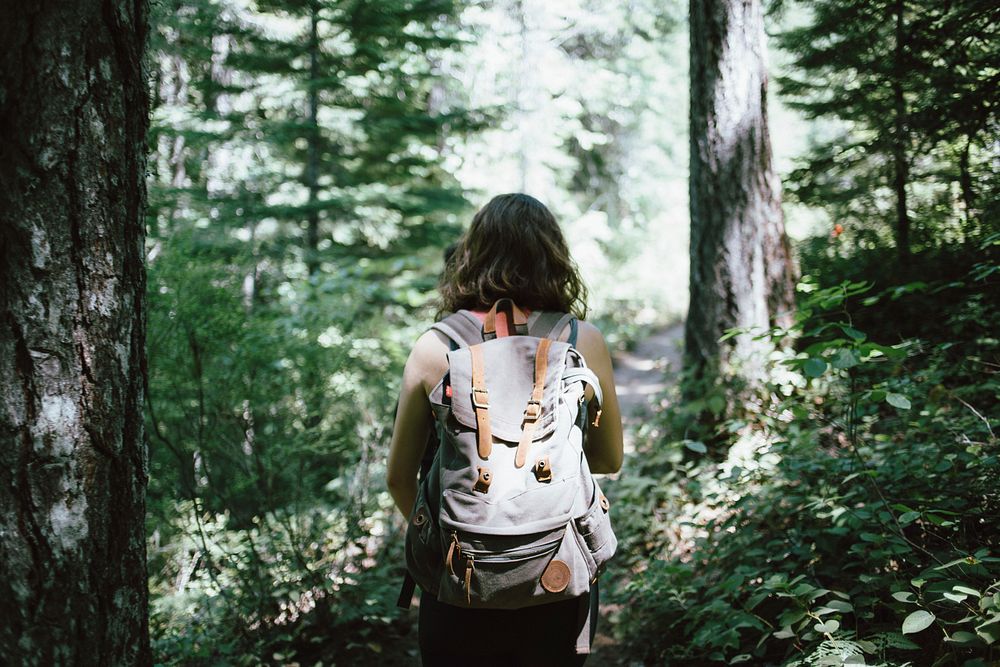 A woman with a large backpack walking through a forest. Original public domain image from Wikimedia Commons