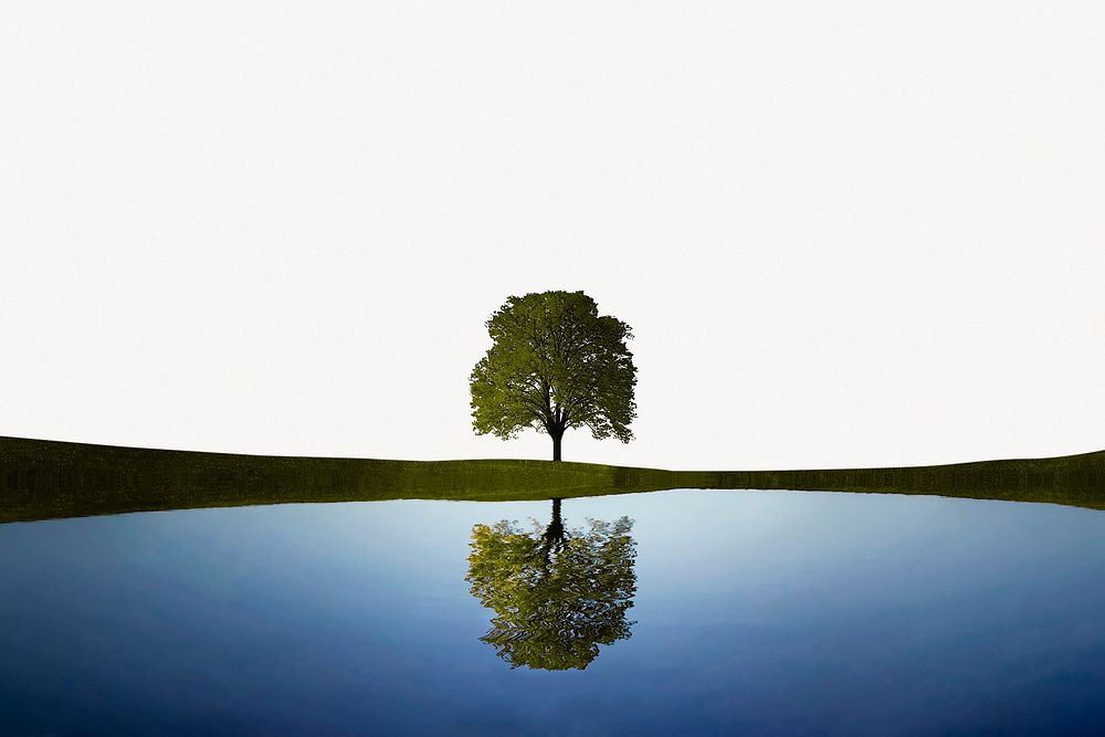 Tree and lake reflection border collage element, nature design psd