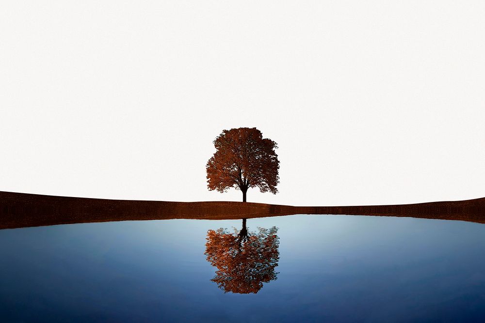 Lake & tree collage element, off white design psd