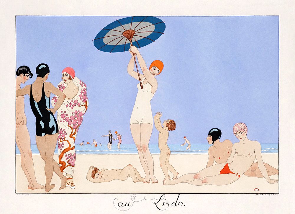 Au Lido Plate no.14 (1920) fashion illustration in high resolution by George Barbier. Original from The Beinecke Rare Book &…