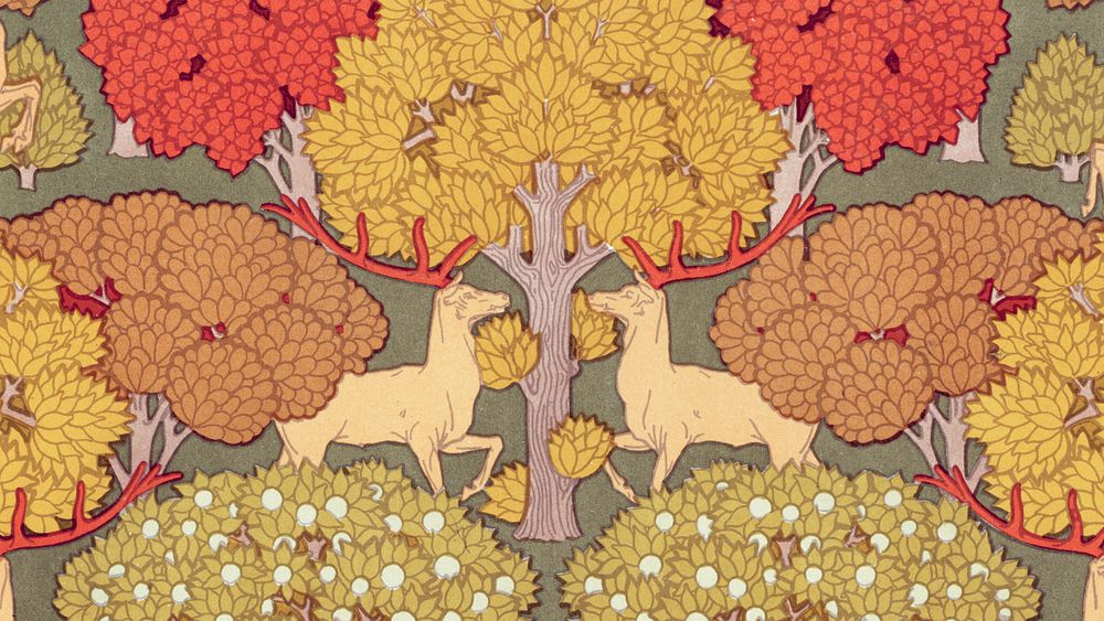 Vintage desktop wallpaper, background painting, Deer and trees, remix from the artwork of Maurice Pillard Verneuil