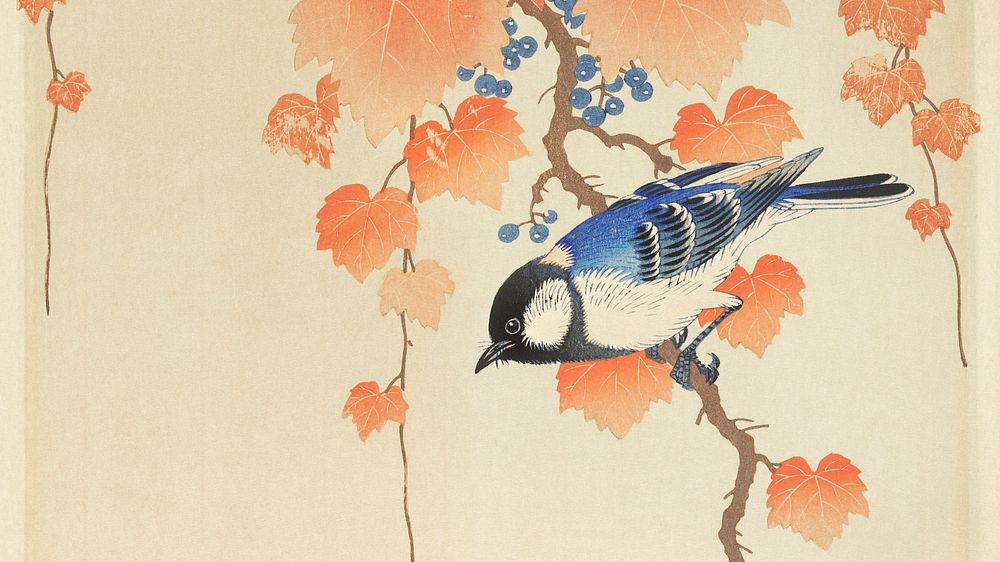 Ohara Koson wallpaper, Japanese desktop background, Great tit on paulownia branch Japanese print