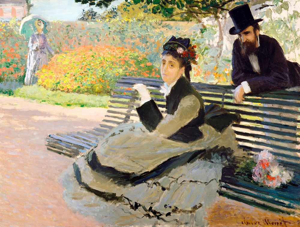 Camille Monet (1847&ndash;1879) on a Garden Bench (1873) by Claude Monet, high resolution famous painting. Original from The…