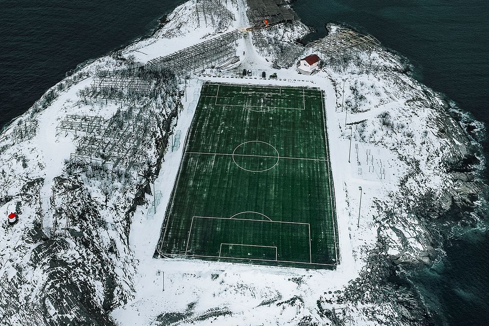 Drone view of Henningsvaer football Stadium